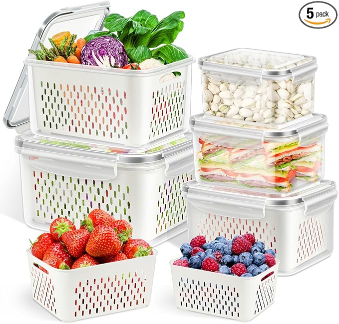 TBMax Fruit Storage Containers for Fridge Organizers and Storage, 10 Pieces Large Produce Saver with Airtight Lid & Colander for Berry Lettuce Salad Vegetable Storage, Refrigerator Organizers