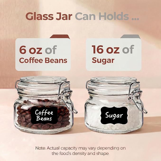 17 oz Square Glass Jars with Airtight Lids, 6 Pack Mason Jar with Clamp Lid | Air Tight Glass Food Storage Containers with Lids Keep Food Dry & Fresh, Best Canister for Flour, Sugar, Cereal, Rice, Coffee