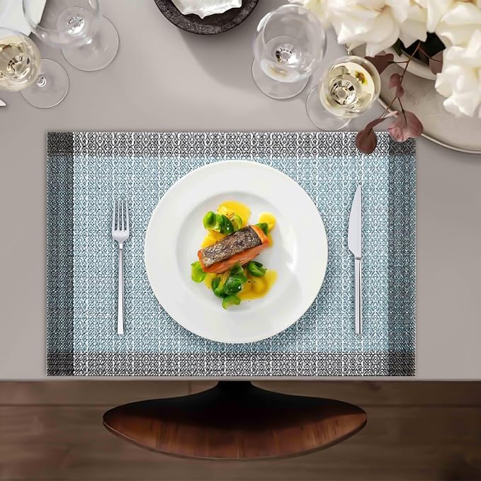 Blue Grey Placemats Set of 4, 12x18 Inch Faux Linen Table Mats | Heat Resistant and Washable Design, Easy to Clean Surface for Dining Rooms, Kitchens, Outdoor Parties and Everyday Home Decor