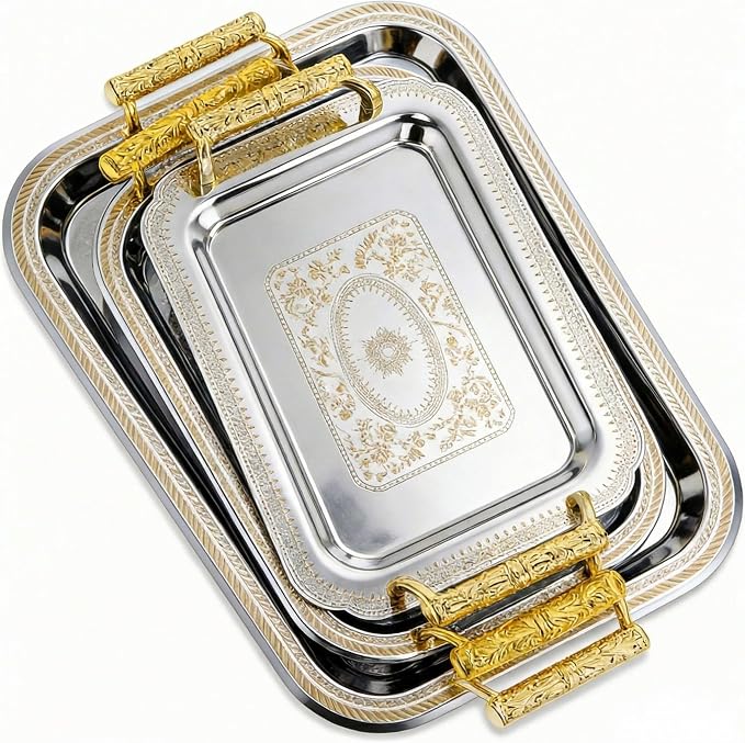 3 Pack Metal Serving Trays with Handles, Decorative Floral Platter Trays for Coffee Tea, Food, Dessert, Jewelry, for Buffet Wedding Party Kitchen Home Decor (Rectangle,Silver, Gold)
