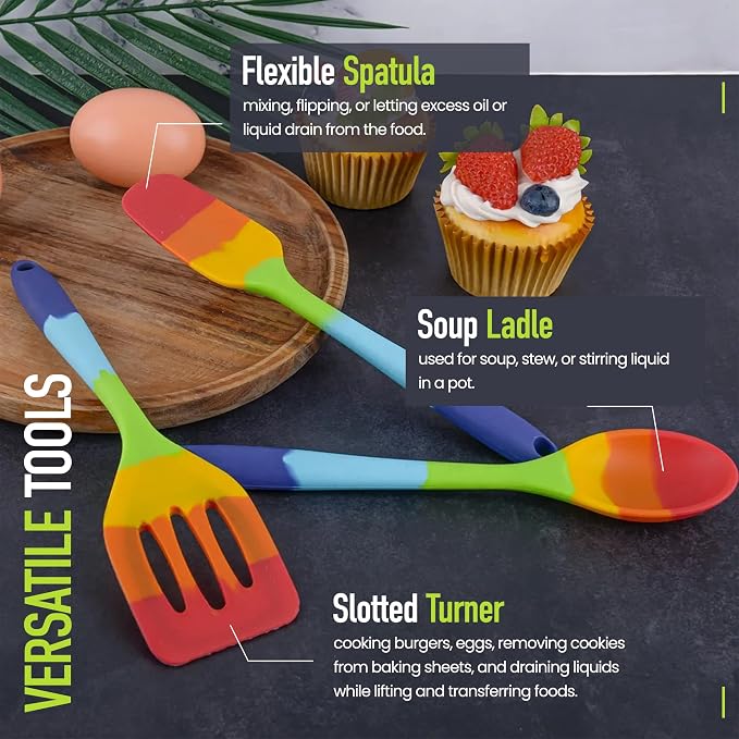 11-Piece Rainbow Silicone Spatula Bundle with Holder & Measuring Spoons – Multicolor Heat-Resistant Cooking Utensils for Nonstick Cookware – Flexible Turner, Spoon, Spatula, Brush, FDA Safe