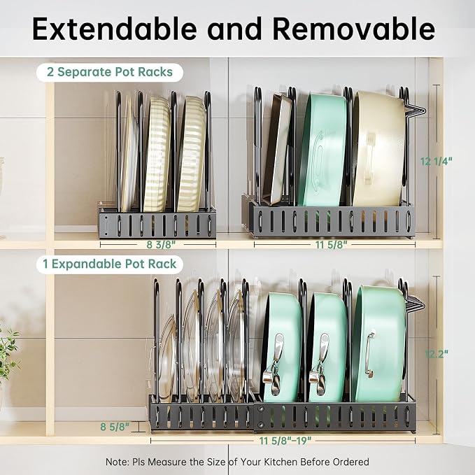 Pots and Pans Organizer Under Cabinet Expandable, 8-Tier Adjustable | Expandable 11.7–19", 3 DIY Modes, Tool-Free Assembly, Non-Slip, Fits Pots 6–11", For Kitchen Cabinets, Shelves & Countertops