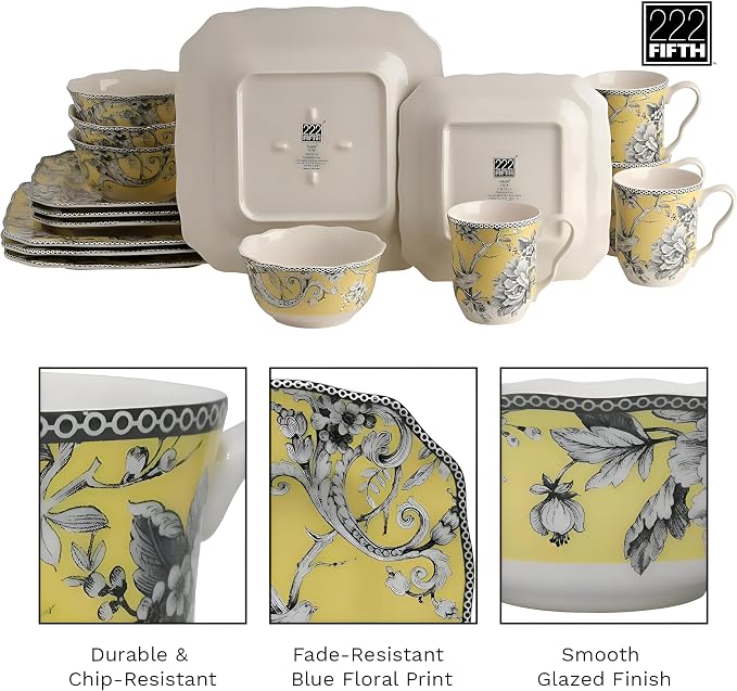 222 Fifth Adelaide Yellow 16-Piece Floral Porcelain Dinnerware Set | Microwave and Dishwasher Safe Dining Set for 4 | Stackable & Chip-Resistant Plates Bowls and Cups | Gift for Housewarming & Wedding