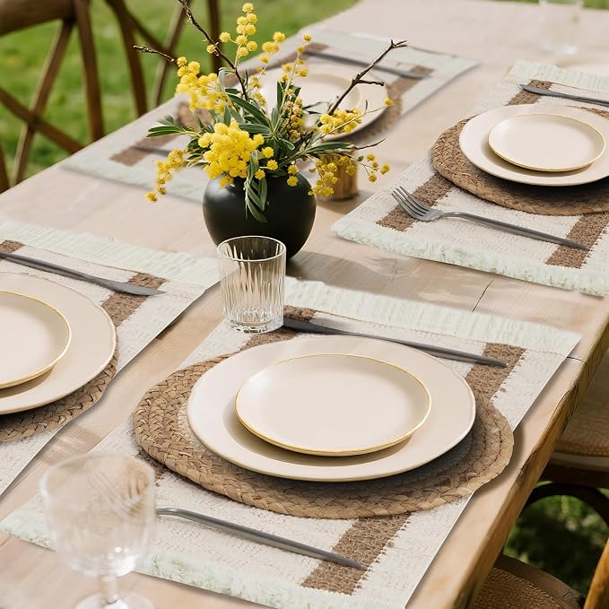 Handmade Boho Placemats Set of 4 | Natural Woven & Fabric Cotton Combo Table Mats | 8-Piece Versatile Place Mats | Rustic Farmhouse Style Dining Table Decor