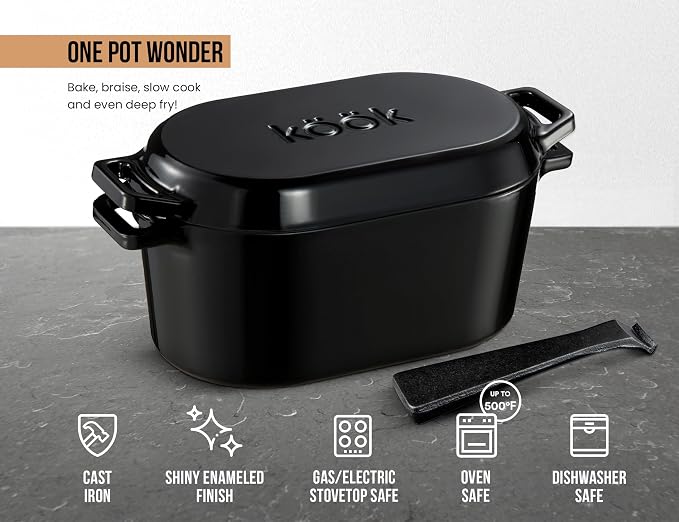 KooK Oval Dutch Oven, for Bread Baking, Sourdough Loaf Pan, with Lid, Dual Handles, Enameled Cast Iron, includes Lid Lever, Dishwasher Safe, 3.4 Qt, Black
