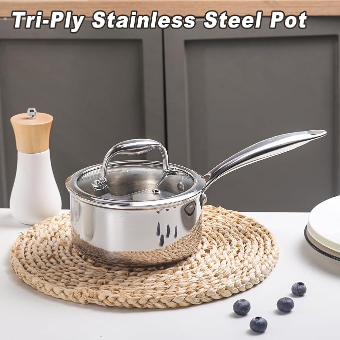 1-Quart Saucepan with Lid, Tri-Ply Stainless Steel Pot with Stay-Cool Handle & All Cooktop Compatibility (Gas, Ceramic, Electric) - Silver
