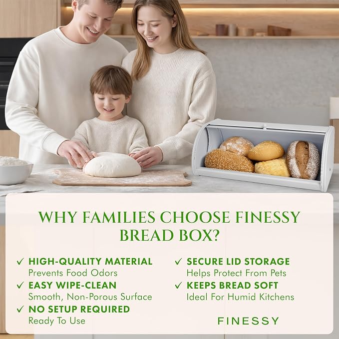 FINESSY Large Bread Box Roll Top, White Metal Bread Box For Kitchen Counter | Bread Box For Homemade Bread, Holds Two Loaves, Bagels & Muffins. White Metal Bread Box With Roll Top Lid 17.3 × 10.4 × 6.8