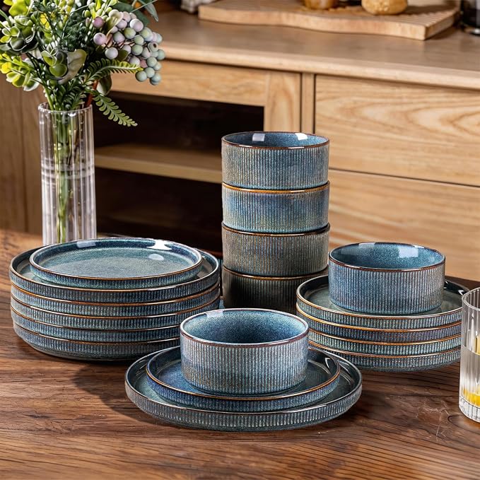 GBHOME Stoneware Dinnerware Sets for 6, 18-Piece Plates and Bowls Set | Handmade Reactive Glaze Ceramic Dish Set, Scratch Resistant, Dishwasher&Microwave Safe,Ceylon Blue