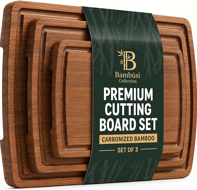 Bamboo Cutting Boards for Kitchen, Non Toxic Wooden Chopping Board Set | Carbonized Dark Color, Deep Juice Groove, Knife-Friendly, Side Handles, Reversible, for Meat, Veg, Fruit, Cheese