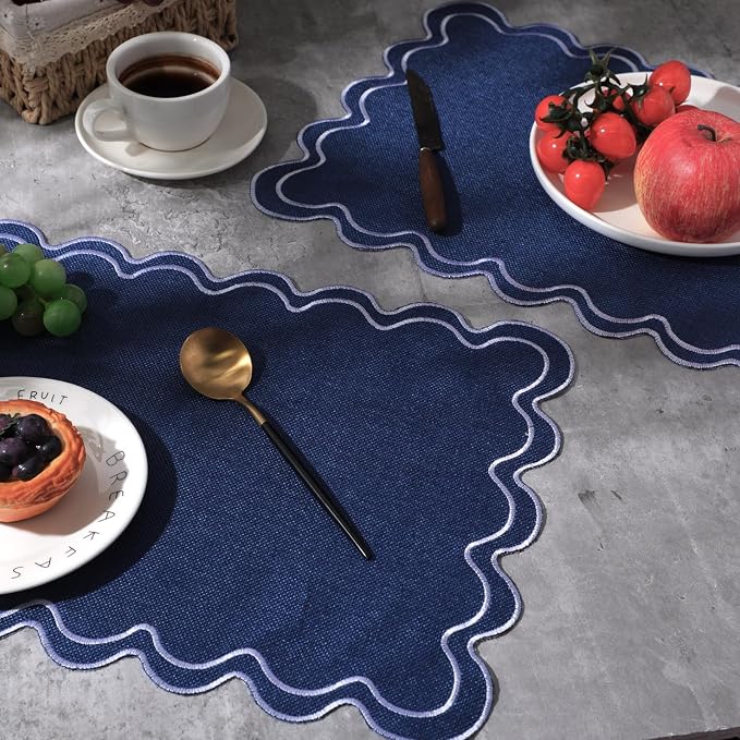 HunnmingRe Navy Blue with White Set of 6 Cotton Linen Wedding Placemats, 13x19 Inch Scalloped Wavy Embroidery Placemat Double Layered Washable Rustic Rectangle Dinner Table Mat for Home Decor