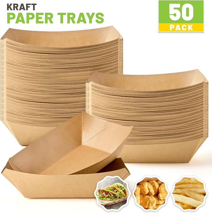 ZORRITA Large Paper Food Trays, 4 LB, 50 Pack | Disposable, Kraft Paper, Nacho Trays, Food Boats, Party Serving Basket, For Nachos Sandwiches Burgers Popcorns Salads Snacks