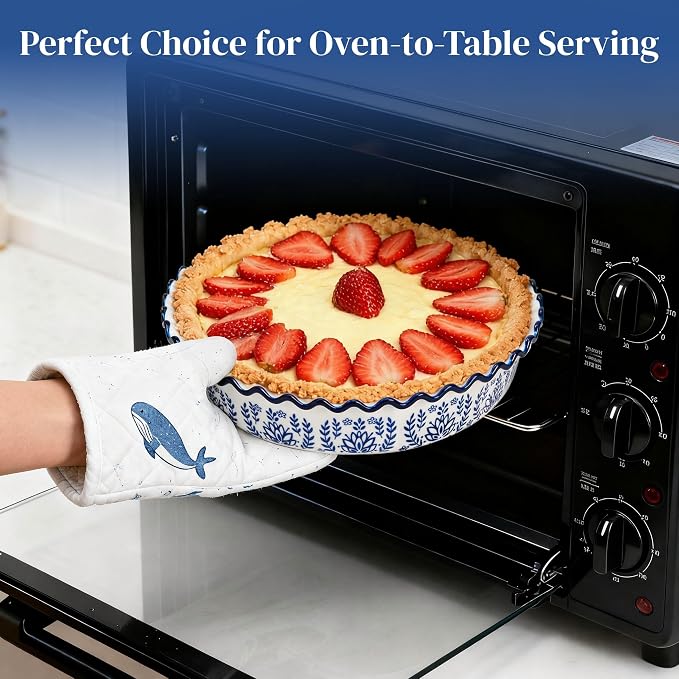 SOUJOY 2 Pack Ceramic Pie Pans for Baking, 10 Inch Pie Plates with Ruffled Edges, Deep Round Baking Dishes, Non-Stick Bakeware for Quiches Tarts Casseroles, Oven Microwave & Dishwasher Safe
