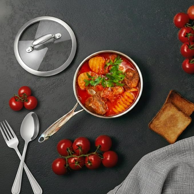 1.3 Quart Stainless Steel Saucepan with Glass Lid | 5 Ply Stainless Clad Construction, Suitable for All Cooktops, PTFE, PFAS and PFOA Free