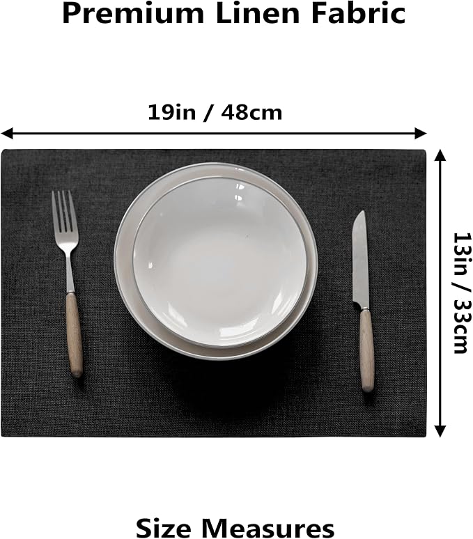 Demetex Cloth Placemats Set of 6 Black Stain Resistant Place Mats Oil Proof Washable Plate Mats for Dining Table Holiday Cafe Banquet, Black