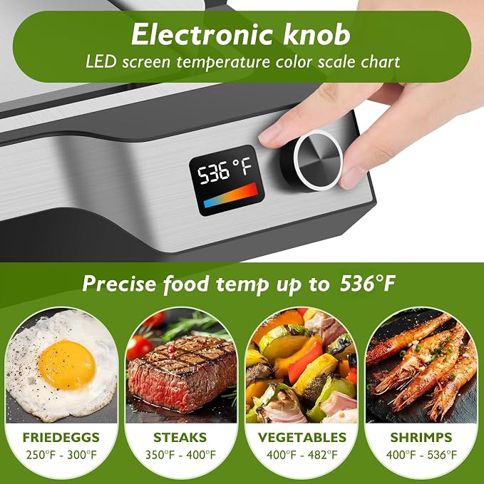 Electric Griddle, 14" Indoor Grill, Spatula & Fork Included | 536°F Max Temp, 5mm Stainless Steel Plates, Nonstick Flat Top Grill, Dishwasher-Safe