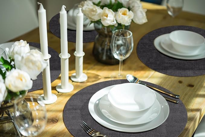 Round Faux Leather Placemat and Coaster 6 Packs, Washable Heat Resistant Dining Place Mats, Wipeable Double-Sided Table Mats for Indoor and Outdoor, Diameter 13 and 3.93 inch, Charcoal