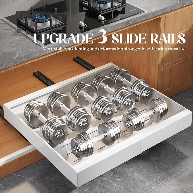 Seinloes 4 Pack Expandable Pull Out Cabinet Organizer 21"Deep With Raising Pad for Framed Cabinets,Upgrade 3 Slide Rails Slide Out Drawers,No Drill Roll Out Shelves,Adjustable Width 15.1"-26.3" White