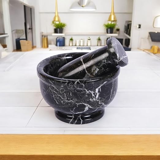 Hand Grinder Marble Mortar & Pestle Set – 4 Inch Black Kitchen Tool Set for Guacamole, Herbs, Spices, Pill Crushing, Fine Powder Grinding & Coffee – Premium Stone Mortar (Large)
