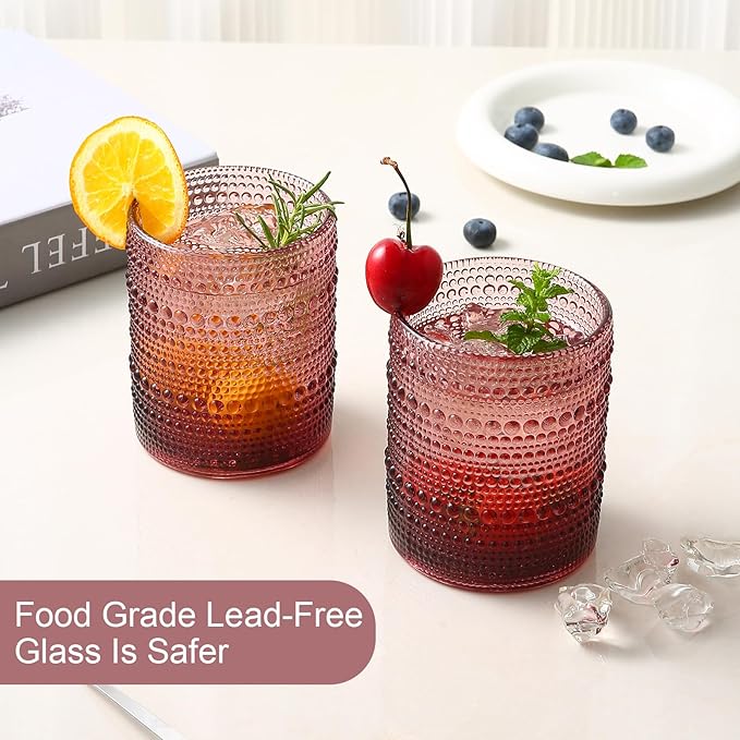 ZMOWIPDL Drinking Glasses Set of 6,12oz Purple Hobnail Glass Cups | Vintage Glassware，Embossed Water Tumbler,for Beer,Cocktail,Whiskey,Juice and Various Mixed Drinks- 1 Cleaning Brush