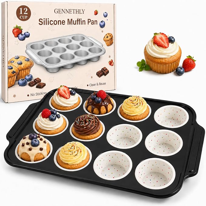 Silicone Muffin Pans for Baking, 12-Cup Muffin Tin with Metal Frame | Reinforced Metal Frame, 12-Cup Size, Easy Release Cups, Nonstick Silicone, Oven & Dishwasher Safe