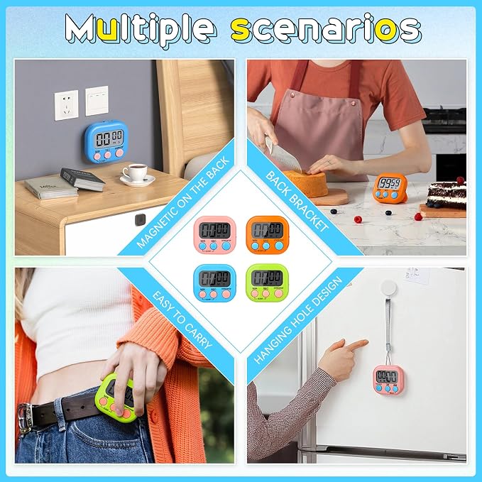 Mwellewm Kitchen Timer 6 Packs Digital Timers for Classroom Small Magnetic Countdown Stopwatch for Cooking Mini Loud Alarm Stop for Kitchen Study Work Baking Sports Games Timer Clock