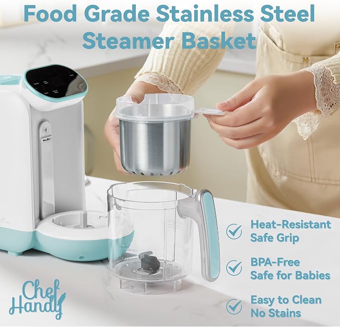 Baby Food Maker with Stainless Steel Steam Basket, One-Step Steam & Blend | All-in-one food processor with BPA-free food-contact parts, adjustable textures, 6 food pouches, plus a recipe guide.