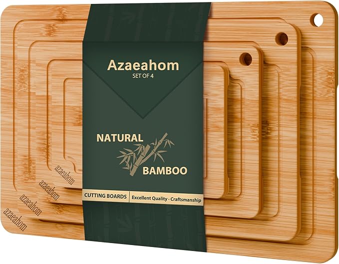 4-Piece Bamboo Cutting Board Set Serving Tray Juice GroovesHandles | Ideal for Meat Vegetables Fruit,Easy Storage & Quick Clean,Natural Wood Construction,Dual-Purpose as Serving Tray