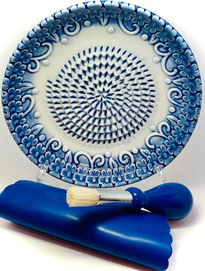 Premium Ceramic Garlic Grater Plate Set - Blue Embossed | All-in-One 4-Piece Set includes 5.25" Plate, Peeler, Brush, and Stand - For Garlic, Ginger, Fruits, Strawberries, and more!