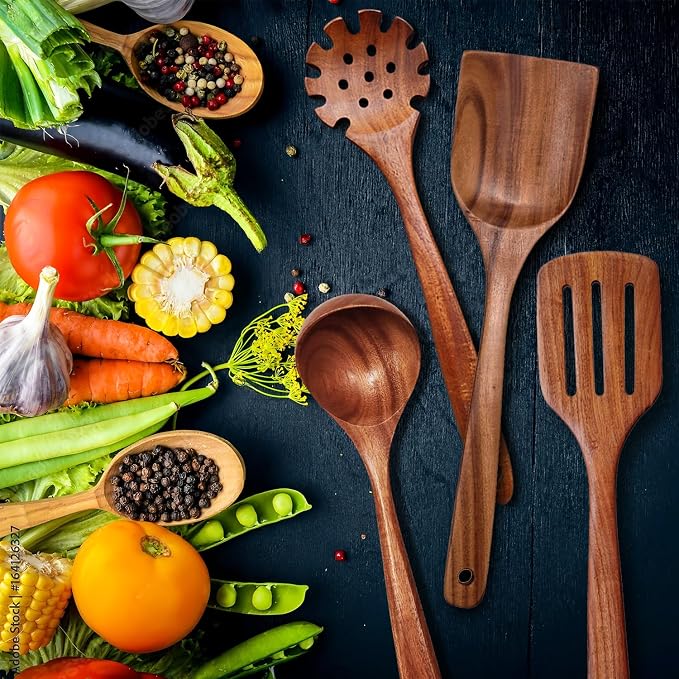 Wooden Spoons for Cooking 9 Pieces Set, TeakWooden Kitchen Utensil Set, Wooden Cooking Utensils Spoons, Spatulas, Heat-Resistant, Lightweight & Durable, Perfect for Non-Stick Cookware