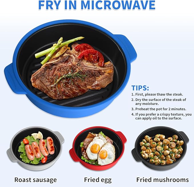 GLOU-GLOU GOOSE GGG Microwave Grill Pan, Fry Griddle Crisper Pan with Lid for Grilling Browning and Crisping Foods Microwave Silicone Cookware for Meat Sandwich Vegetable Red