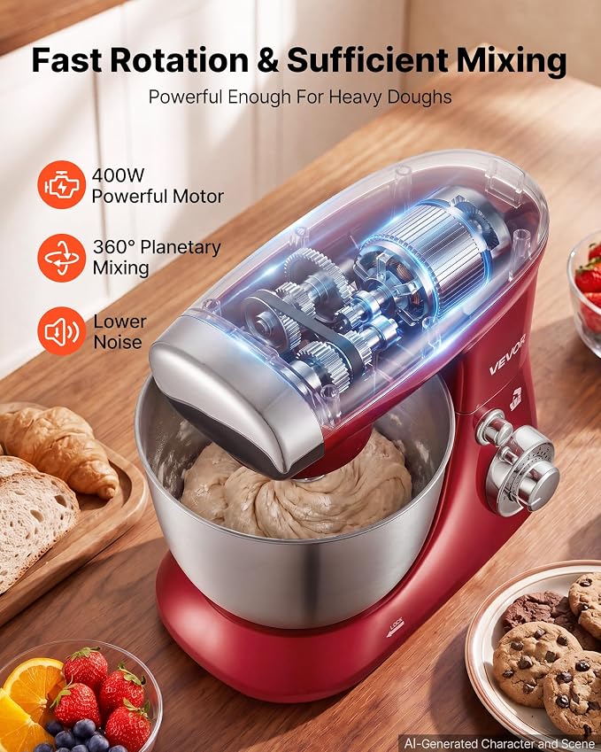 VEVOR 4.2 Qt Tilt Head Stand Mixer 400W Electric Dough Mixer, 6 Speeds Food Kitchen Mixer with Stainless Steel Bowl, Splash Guard, Dough Hook, Whisk, Beater, for Baking Mixing Whipping