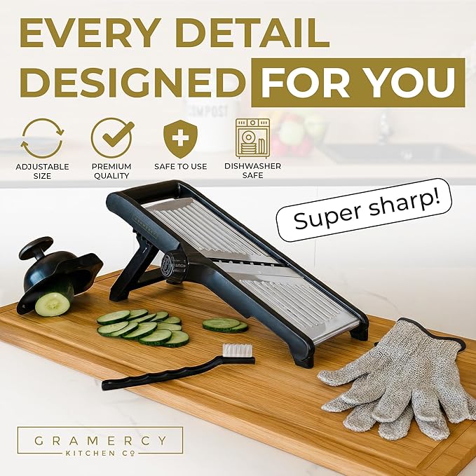 Gramercy Adjustable Mandoline Food Slicer, Mandoline Slicer for Kitchen, Mandolin, Potato, Tomato, Carrot, Vegetable, Fruit and Onion Cutter, Stainless Steel, INCLUDING Cut-Resistant Glove, Black Lite