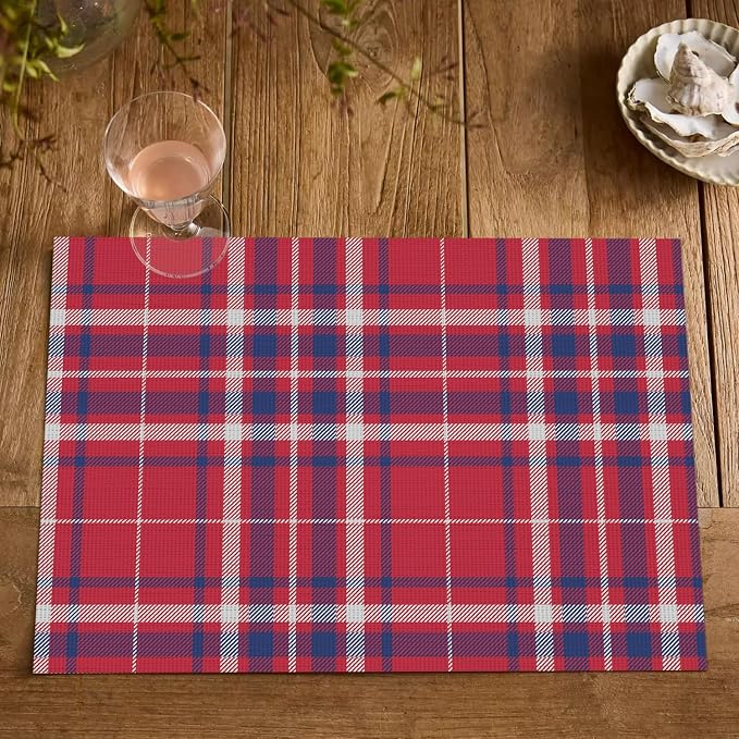 Artoid Mode Red Striped Check Memorial Day Vinyl Placemats Set of 4,Heat Resistant Non-Slip Woven Plastic PVC Place Mats for Party Kitchen Dining Decor