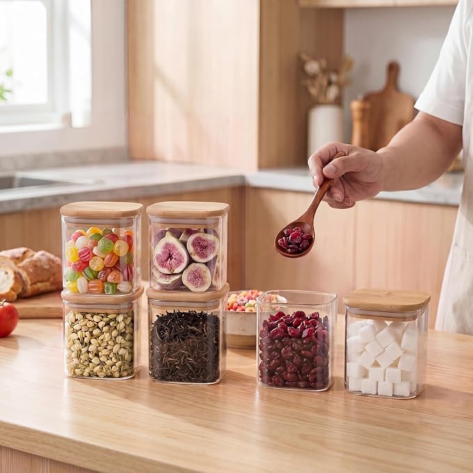 SENTVEND 24 Oz Glass Jars - 6 Pack Food Storage Containers with Lids Square | Food-grade durable clear canister, Bamboo seal cover, Stackable, BPA-Free, Ideal for sorting oats, Coffee beans, Nuts & More