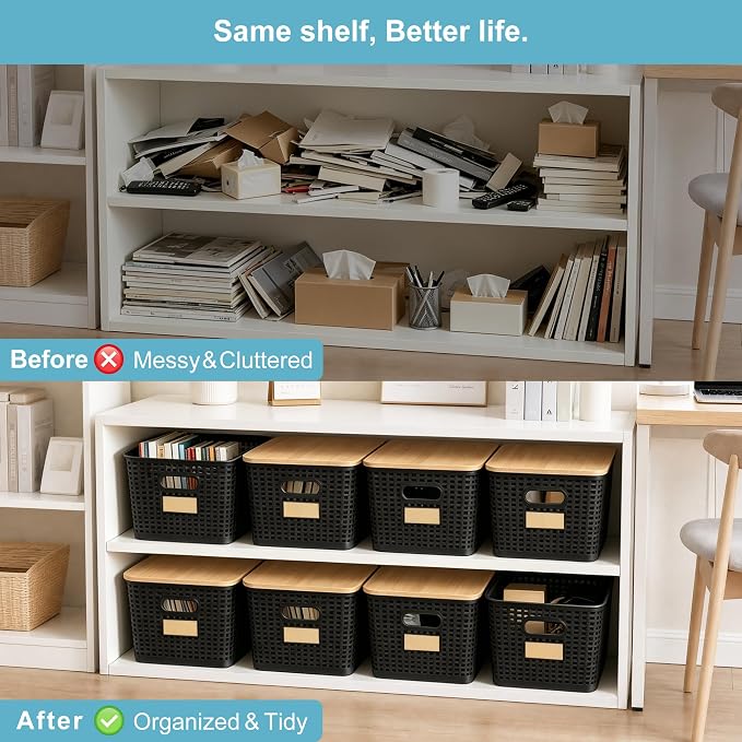 2 Pack Tall Plastic Storage Bins with Bamboo Lids, 10.8qt Stackable Storages Baskets for Organizing Desktop Closet Playroom Classroom Office, 12"L x 8.3"W x 6.1"H, Black