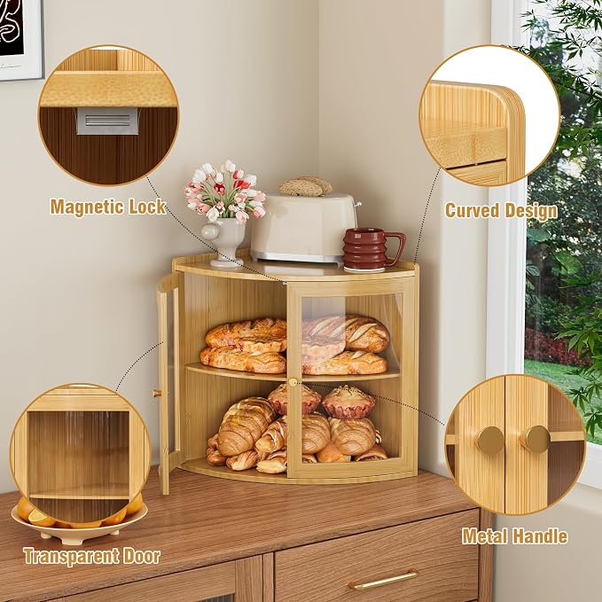 Trironsun Fan Shape Corner Bread Box for Kitchen Counter Double Layer Large Bread Storage Container with Acrylic Doors Farmhouse Wooden Bread Box Organizer for Homemade Bread (Natural Bamboo)