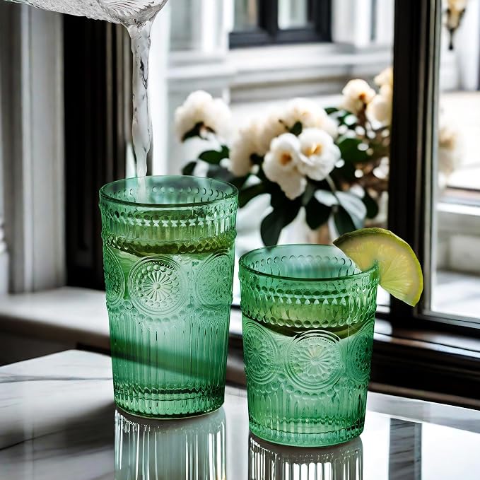 Loivttvv 12pcs Vintage Drinking Glasses Set, 12 oz Highball Glasses & 9 oz Embossed Ribbed Glassware Cups for Cocktail, Water, Juice, Coffee, Whiskey (Dark Green)