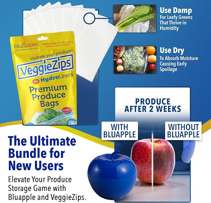 Bluapple Produce Saver Ethylene Gas Absorber - Fresh Fruit & Vegetable Storage, VeggieZips Humidity Control Storage Bags, Food Savers for Refrigerator, Kitchen Must Haves, BPA Free - Starter Pack