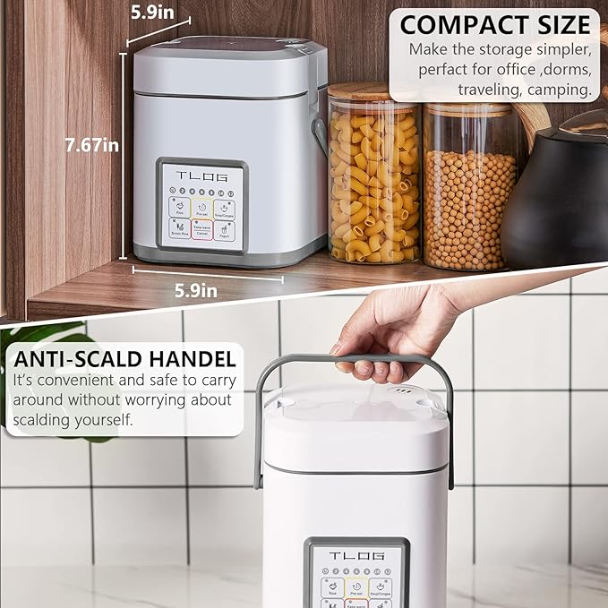 TLOG Mini Rice Cooker, 1.2L with Ceramic-Coated Pot, 2.5-Cup Uncooked | Food steamer, 12-hour delay timer, compact size for 1-2 people, for rice, grains, oatmeal, dorm rooms and travel