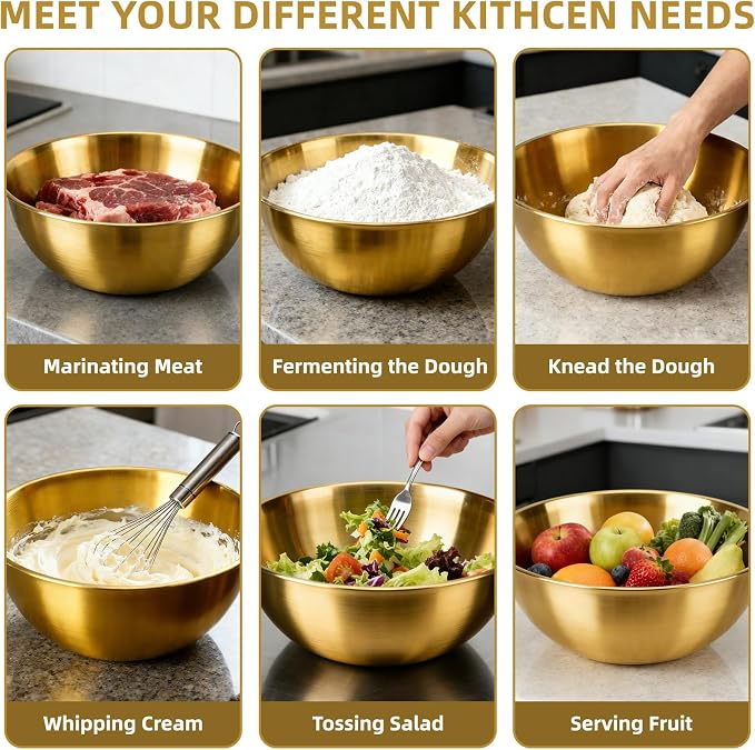 3-Piece Stainless Steel Golden Mixing Bowls (6.3") Metal Bowl with Measurement Marks, Dishwasher Safe & Stackable - Perfect for Baking, Salad Making, Meal Prep