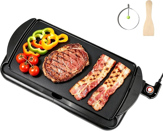 20" Electric Griddle, Ceramic Non-Stick Baking Pan Attemperation Griddle, 1400W Family-Sized Electric Skillet Extra Large Surface and Adjustable Temperature, Slide-Out Drip Tray, Black