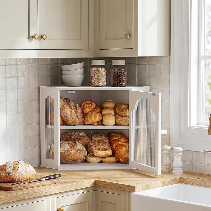 2-Tier Corner Bread Box for Kitchen Countertop with Acrylic Wavy Door Panel | Bread Storage for Homemade Bread, Large Bamboo Vintage Farmhouse Bread Bin, Cabinet Cupboard Pantry, White, Meduim