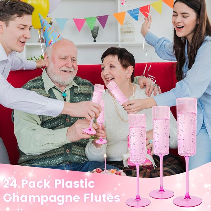 YOUBET 24Pack Pink Plastic Champagne Flutes 6 oz | Clear Pink Champagne Disposable Glasses - Square Plastic Toasting Glasses for Anniversary Party Birthday Wedding