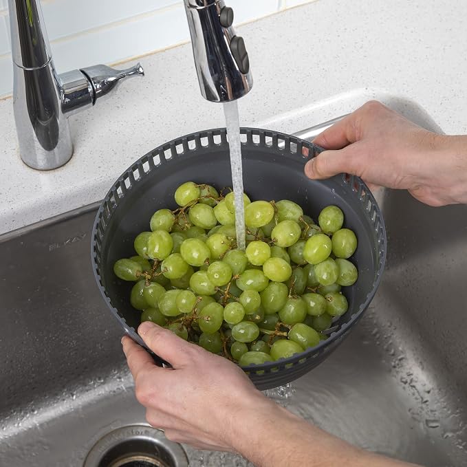Progressive International Prepworks 4 Quart Space Saving Folding Collapsible Salad Spinner, Drainer, & Colander for Salad Preparation and Food Washing, Grey