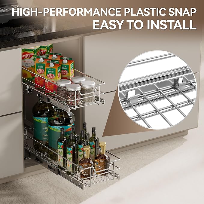 2 Tier Pull Out Cabinet Organizer 9" W X 22" D, Chromed, Full Slide Out | For Kitchen Organizers and Storage, Pull Out Drawers For Cabinets Capacity Heavy Duty Caddy, Cabinet Shelves, Bathroom Pantry
