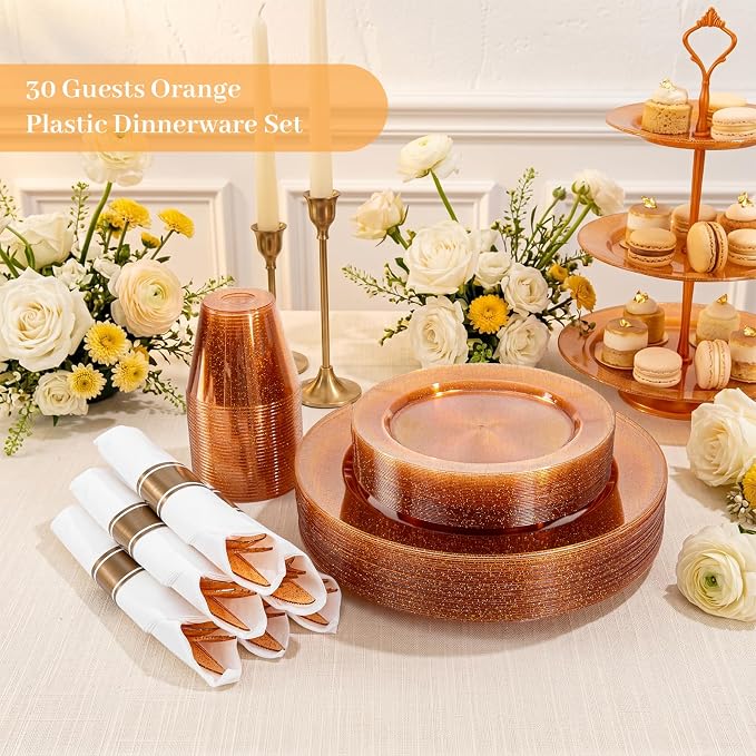 DaYammi 210PCS Orange Glitter Plastic Dinnerware Set for 30 Guests, Fancy Disposable Plates for Party, Include: 30 Dinner Plates, 30 Dessert Plates, 30 Pre Rolled Napkins with Silverware, 30 Cups
