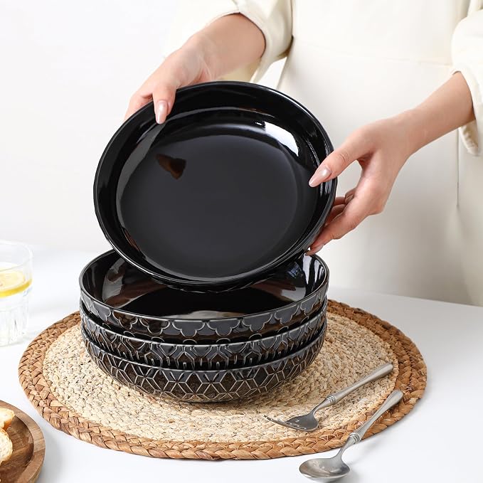 Sureasy Pasta Bowls Set of 4, 30oz Large Embossed Salad Bowls, 8.5 Inch Wide and Shallow Plate Bowls, Salad Bowl, Microwave, Oven & Dishwasher Safe, Black