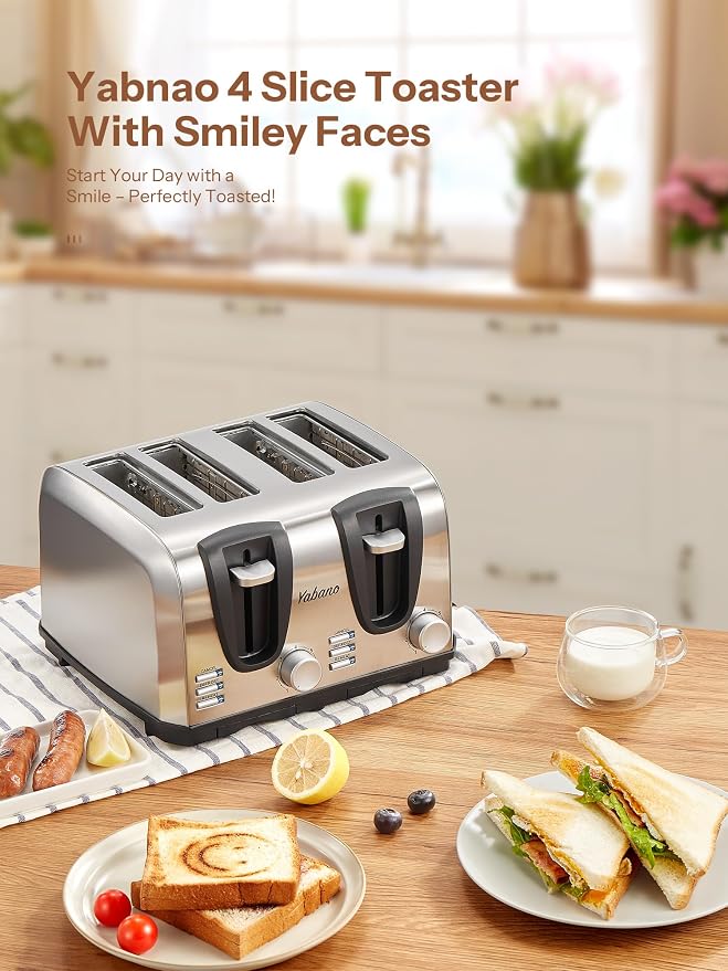 Yabano 4 Slice Toaster with Extra Wide Slots and 7 Shade Settings | Defrost And Reheat Functions, Smiley Face Toast Design, Stainless Steel, Countertop Toaster For Everyday Breakfast