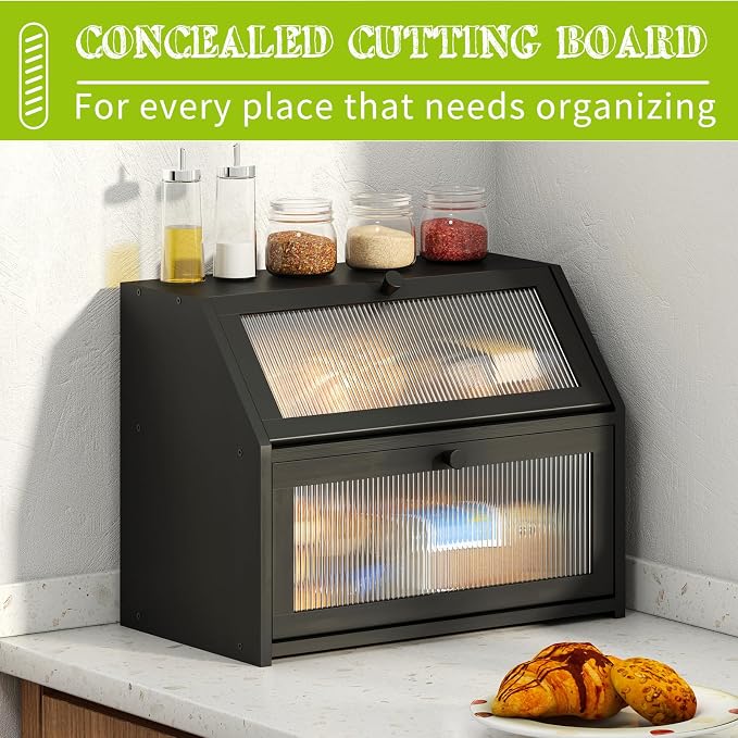 BMOSU Large Double Layer Bread Box for Kitchen Countertop, Bamboo Wood Capacity Bin Storage (Black)