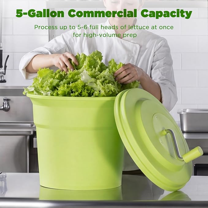20 Quart (5 Gallon) Commercial Salad Spinner, Heawy Duty Manual Lettuce Dryer with Built-in Drain Hose, Large Vegetable Washer Holds 7 Lettuce Heads for Restaurant Kitchen Prep